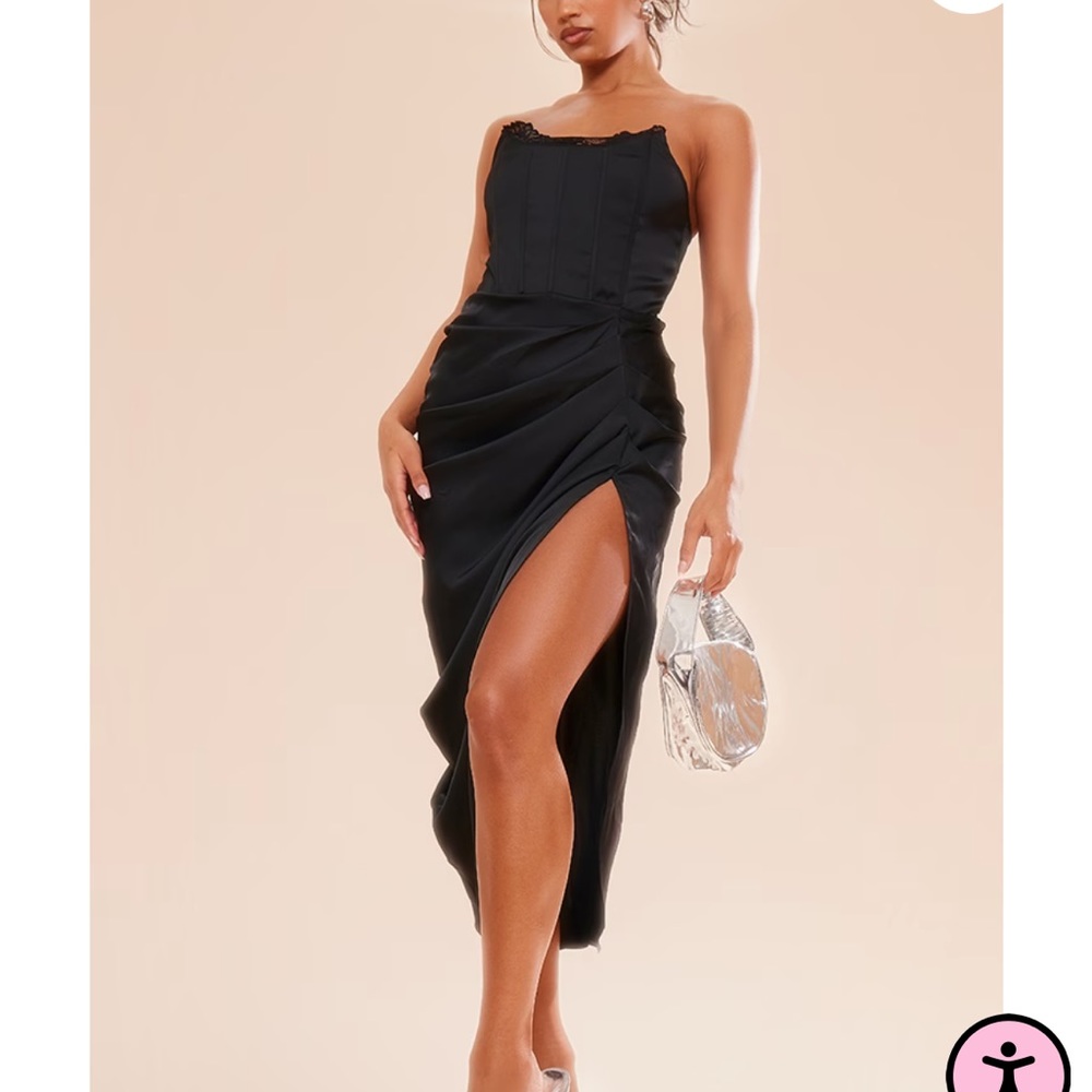 Pretty Little Thing Black Lace Trim Corset Satin Pleat Midi Dress